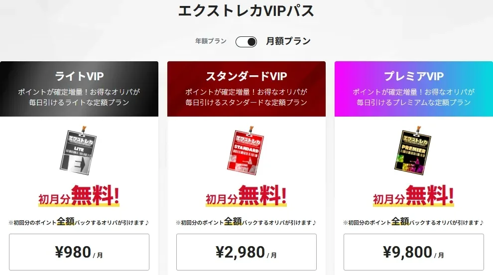 エクストレカ VIPパスの3プラン（ライト980円／スタンダード2,980円／プレミア9,800円）